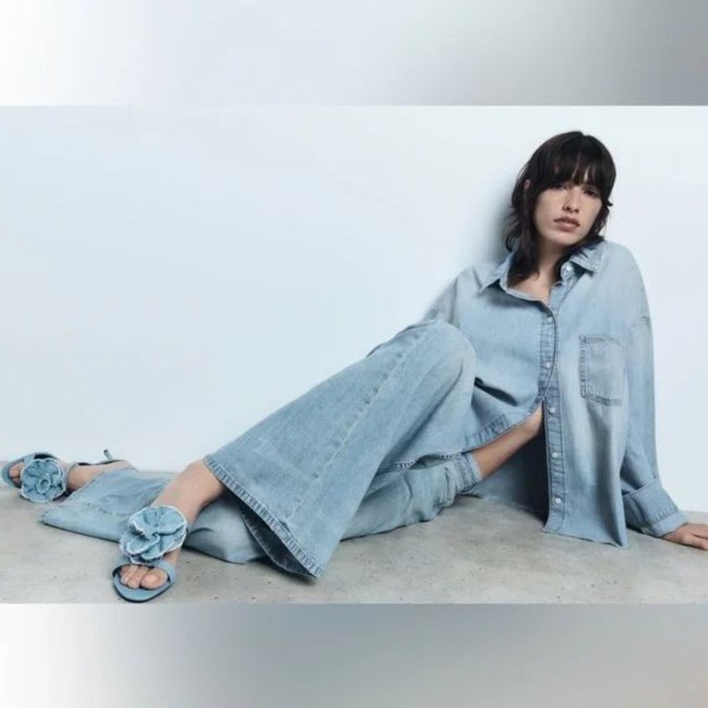 ZARA FLORAL HIGH HEELED DENIM SANDALS